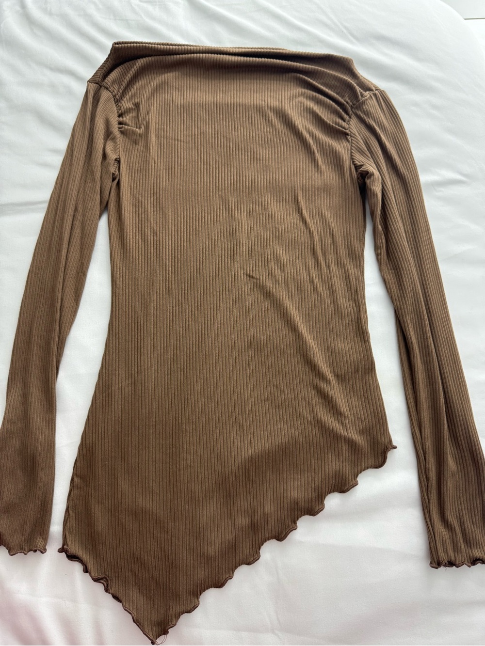 Ribbed Asymmetric Hem Long-Sleeve Top - Brown